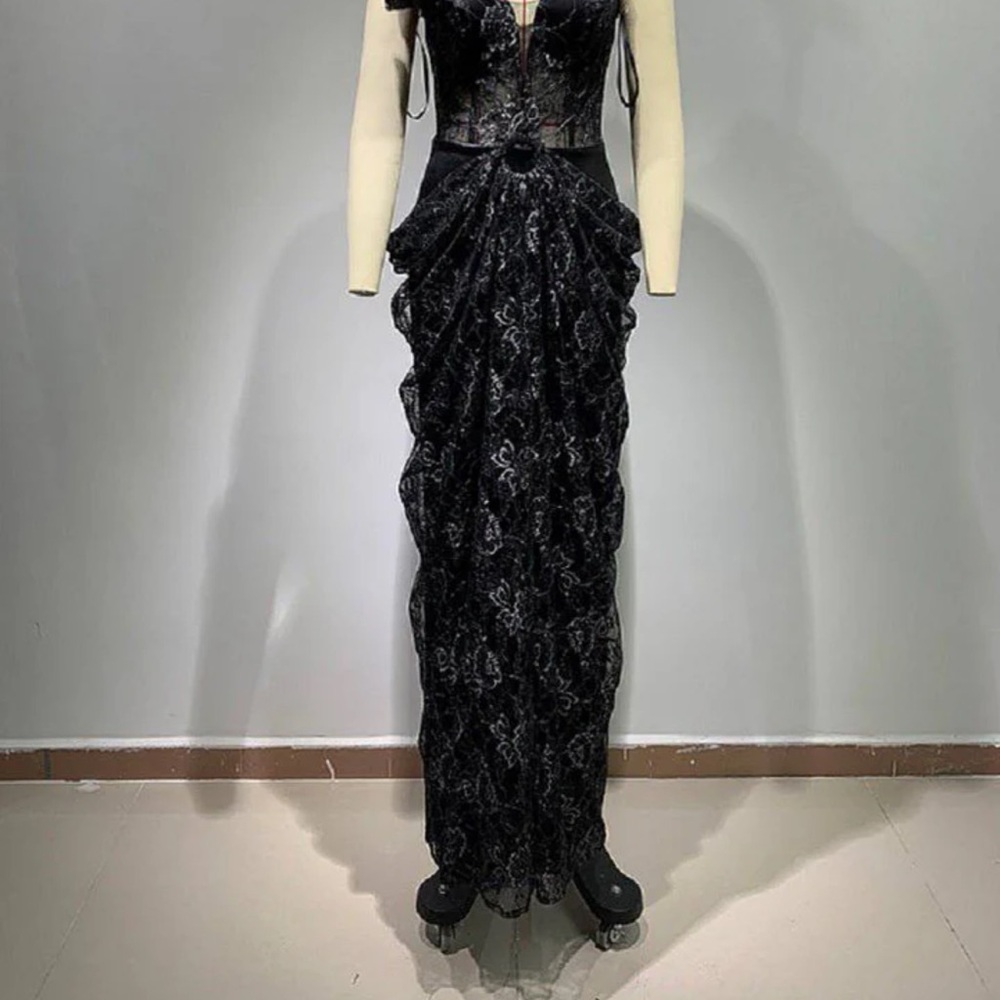 Black Embellished Strapless Prom Gown